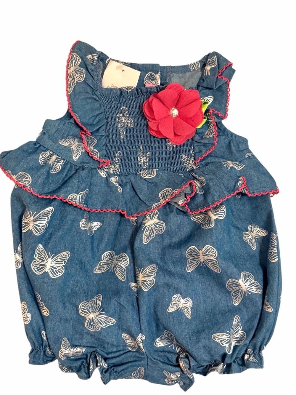 NWT Infant Foil Butterfly Chambray Smock
Romper w/ Pink Flower Accent - 3 Months
